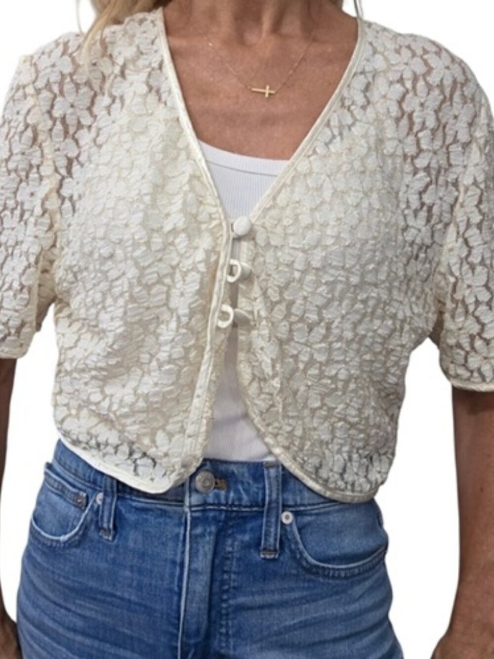 Vintage 80s Ivory Lace Cropped Cardigan Bolero Top Scarlett 12